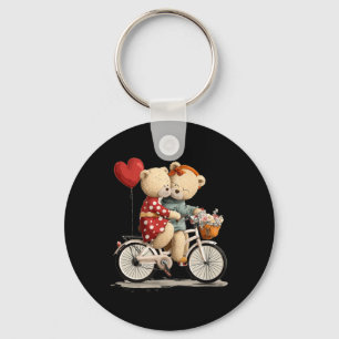 Cute Teddy Bear Couple with Flower Bike Graphic Key Ring