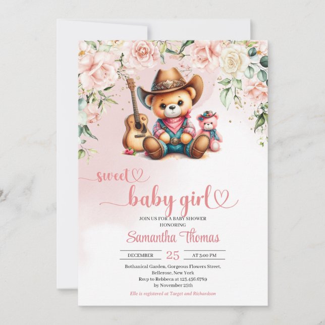 Cute teddy bear cowgirl girl baby shower invitation (Front)