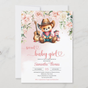 Cute teddy bear cowgirl girl baby shower invitation