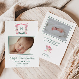 Cute Teddy Bear Crest Baby First Christmas Holiday Card