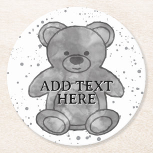 Cute Teddy Bear Custom Text Black and White Round Paper Coaster