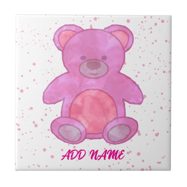 Cute Teddy Bear Custom Text Pink Ceramic Tile (Front)