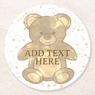 Cute Teddy Bear Custom Text Round Paper Coaster