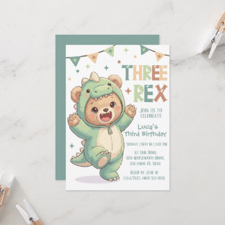 Cute Teddy Bear Dinosaur | 3rd Dino Birthday Party Invitation