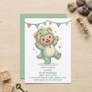 Cute Teddy Bear Dinosaur   Dino Bear 1st Birthday Invitation