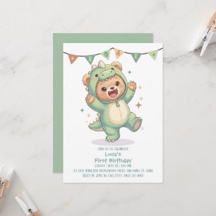 Cute Teddy Bear Dinosaur   Dino Bear 1st Birthday Invitation