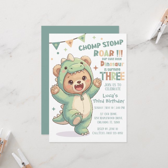 Cute Teddy Bear Dinosaur | Third Dinosaur Birthday Invitation (Front/Back In Situ)