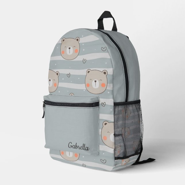 Cute Teddy Bear Faces, Hearts and Stripes  Printed Backpack (Back Corner Right)
