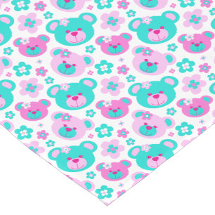 Cute teddy bear faces pink aqua white table runner