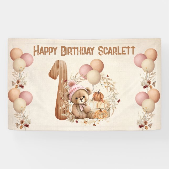 Cute Teddy Bear Fall Girl Beary 1st Birthday Banner (Horizontal)