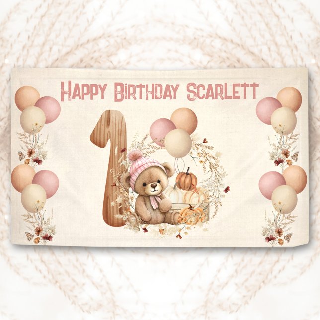 Cute Teddy Bear Fall Girl Pink Beary 1st Birthday Banner (Cute Teddy Bear Fall Girl Pink Beary 1st Birthday Banner)