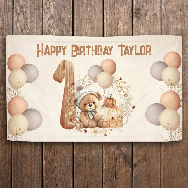 Cute Teddy Bear Fall Pumpkins Beary 1st Birthday Banner (Fall 1st Birthday banner with a cute teddy bear)