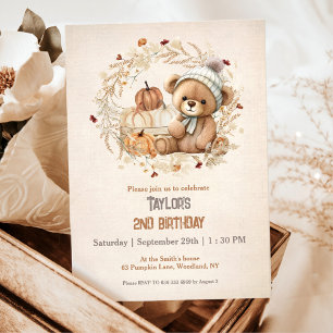 Cute Teddy Bear Fall Pumpkins Boy Birthday Invitation