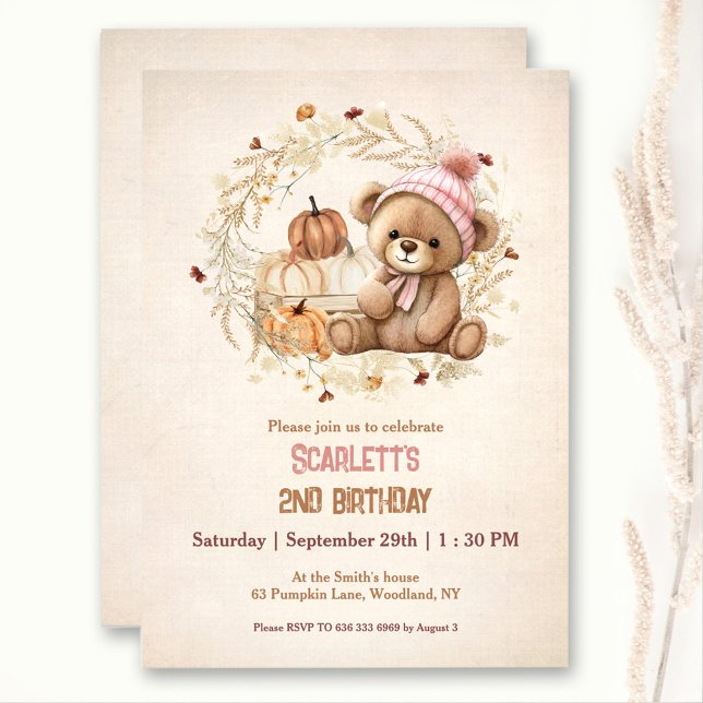 Cute Teddy Bear Fall Pumpkins Girl Birthday Invitation (Cute Teddy Bear Fall Pumpkins Girl Birthday Invitation)
