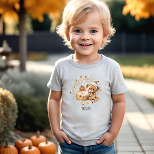 Cute Teddy Bear Fall Pumpkins Name  Toddler T-Shirt
