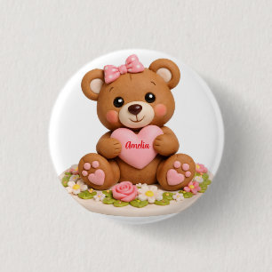 Cute Teddy Bear Figurine with Name Heart 3 Cm Round Badge