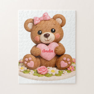 Cute Teddy Bear Figurine with Name Heart Jigsaw Puzzle