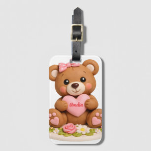 Cute Teddy Bear Figurine with Name Heart Luggage Tag