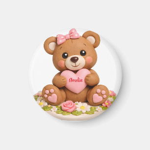 Cute Teddy Bear Figurine with Name Heart Magnet