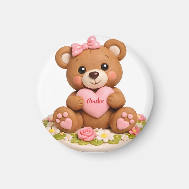 Cute Teddy Bear Figurine with Name Heart Magnet (Front)