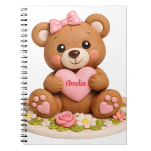 Cute Teddy Bear Figurine with Name Heart Notebook