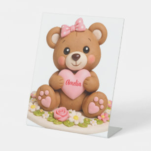 Cute Teddy Bear Figurine with Name Heart Pedestal Sign
