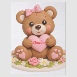 Cute Teddy Bear Figurine with Name Heart Tissue Paper