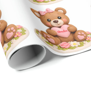 Cute Teddy Bear Figurine with Name Heart Wrapping Paper