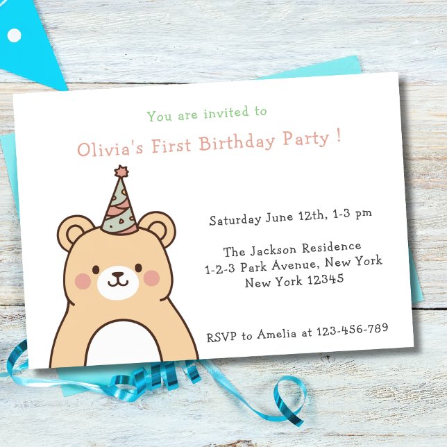 Cute Teddy Bear First Birthday Party Invitation (Cute Teddy Bear Cub Birthday Party)