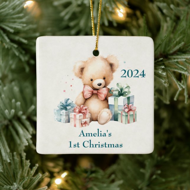Cute Teddy Bear First Christmas Ceramic Ornament (Tree)