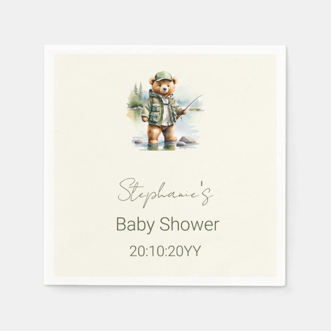 Cute Teddy Bear Fisherman Reel Excited Baby Shower Napkin (Front)