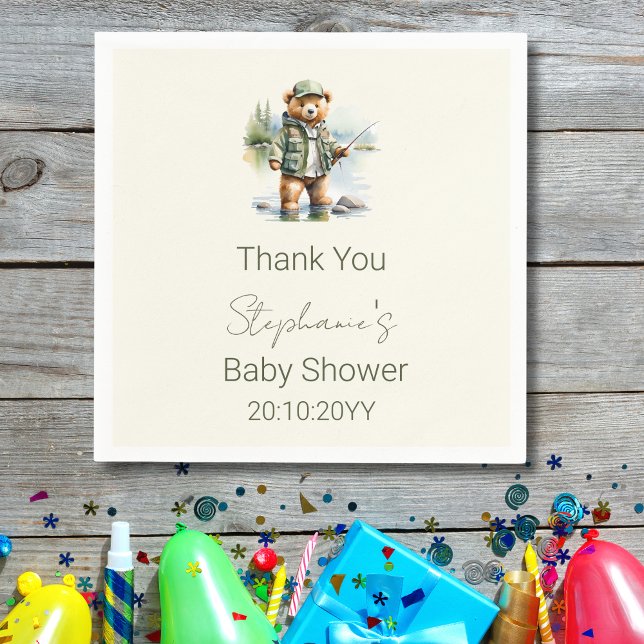 Cute Teddy Bear Fisherman Reel Excited Baby Shower Napkin (Creator Uploaded)