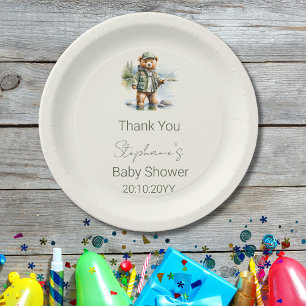 Cute Teddy Bear Fisherman Reel Excited Baby Shower Paper Plate