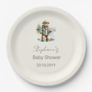 Cute Teddy Bear Fisherman Reel Excited Baby Shower Paper Plate