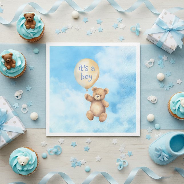 Cute teddy bear floating balloon baby shower napkin (Cute teddy bear floating balloon with message and fluffy clouds baby shower napkins.)