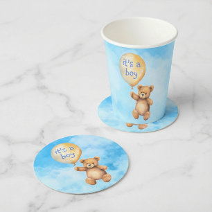 Cute teddy bear floating balloon baby shower round paper coaster