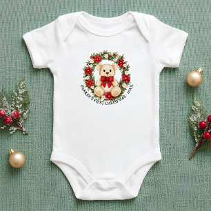Cute Teddy Bear Floral Wreath Baby First Christmas Bodysuit
