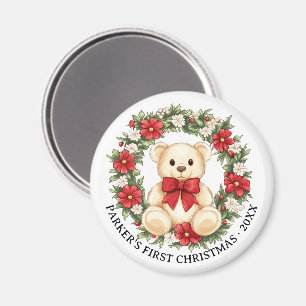 Cute Teddy Bear Floral Wreath Baby First Christmas Magnet