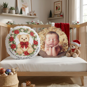 Cute Teddy Bear Floral Wreath Baby First Christmas Round Cushion
