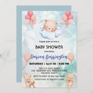 cute teddy Bear flower balloon baby shower party Invitation