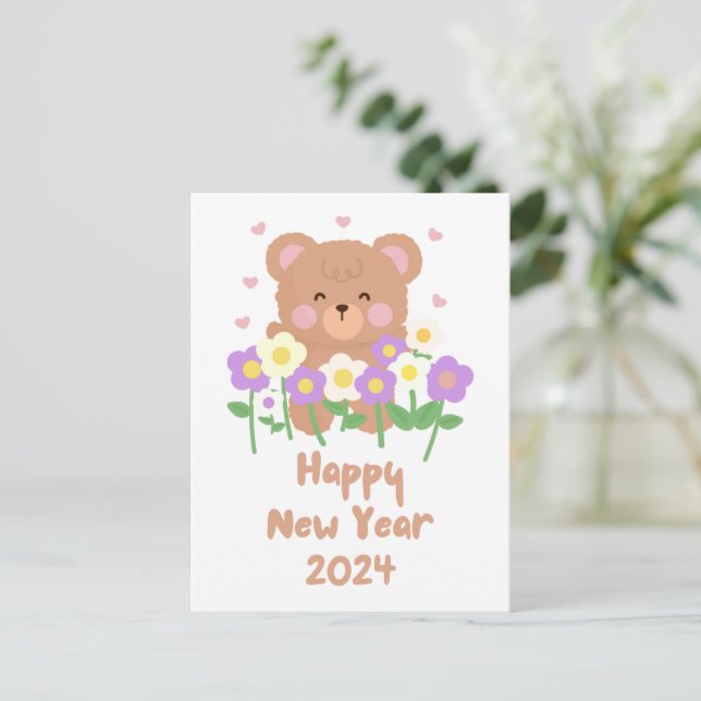Cute Teddy Bear Flowers New Year  Postcard (Standing Front)