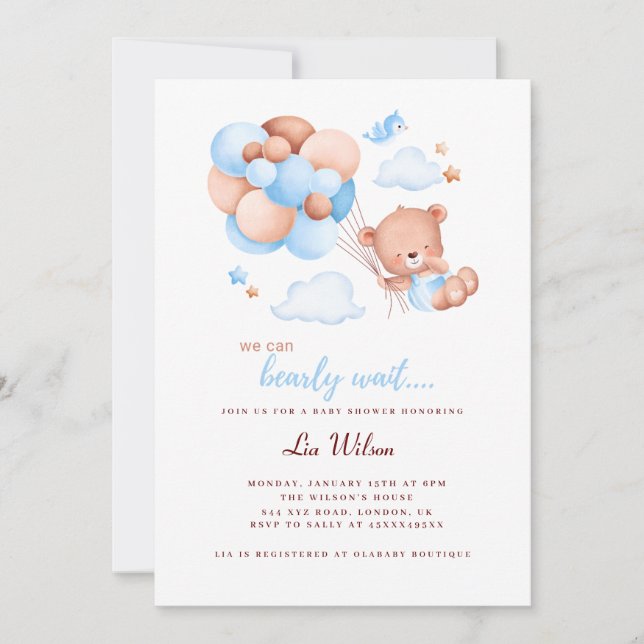 Cute teddy bear gender neutral baby shower invitat invitation (Front)