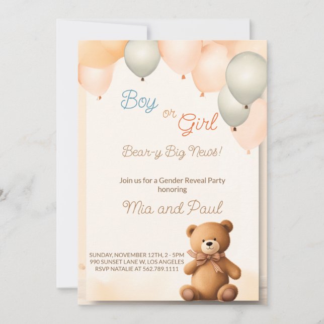 Cute Teddy Bear Gender Reveal Party Invitation (Front)