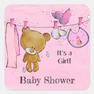 Cute Teddy Bear Girl Baby Shower Square Sticker