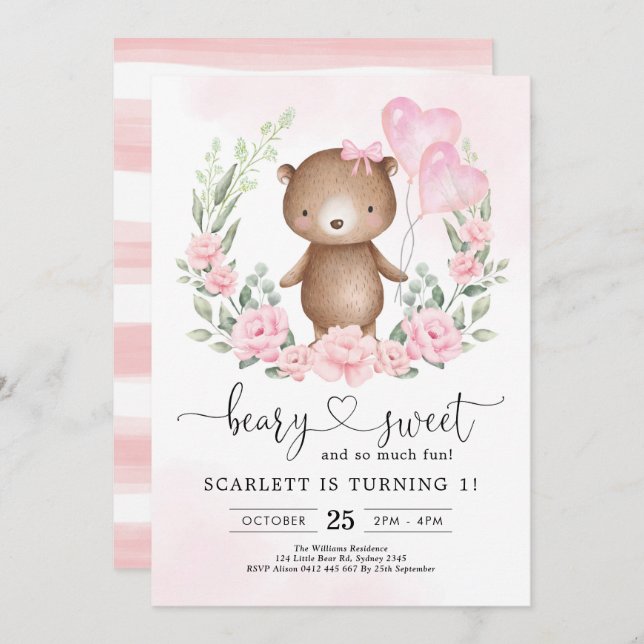 Cute Teddy Bear Girl Birthday Heart Balloons Party Invitation (Front/Back)