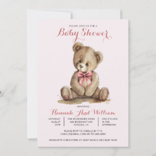 Cute Teddy Bear Girl Pink Baby Shower Invitation