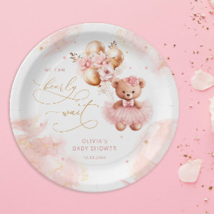 Cute Teddy Bear Gold Balloon Pink Baby Girl Shower Paper Plate