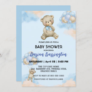 Cute teddy Bear gradient balloon baby boy shower  Invitation