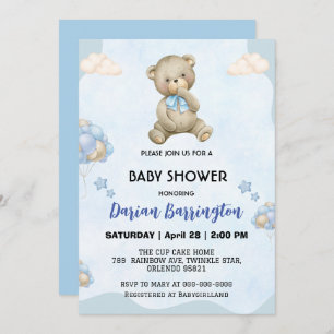 Cute teddy Bear gradient balloon baby boy shower  Invitation