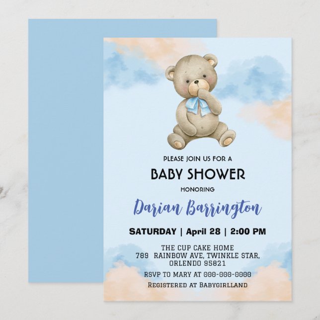 Cute teddy Bear Gradient sky baby boy shower  Invitation (Front/Back)